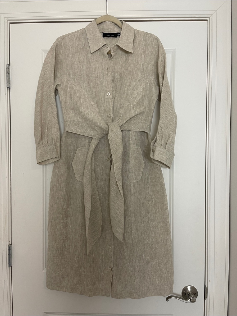 Rickie Freeman Teri Jon Linen Shirtdress Metallic Tie Waist Pockets 6